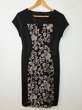 Connected Black Sheath Dress Metallic Floral Panel Size 8